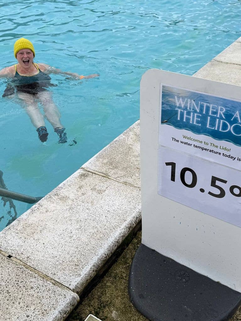 Jenny's now a regular at her local lido - whatever the weather