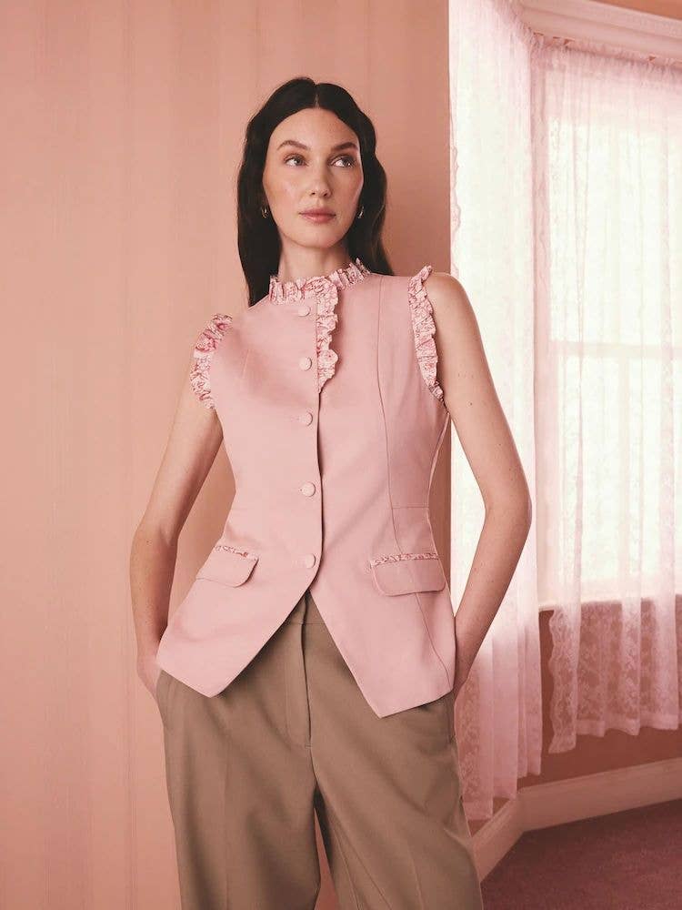 Pink Sleeveless Contrast Print Ruffle Collar Cotton Waistcoat