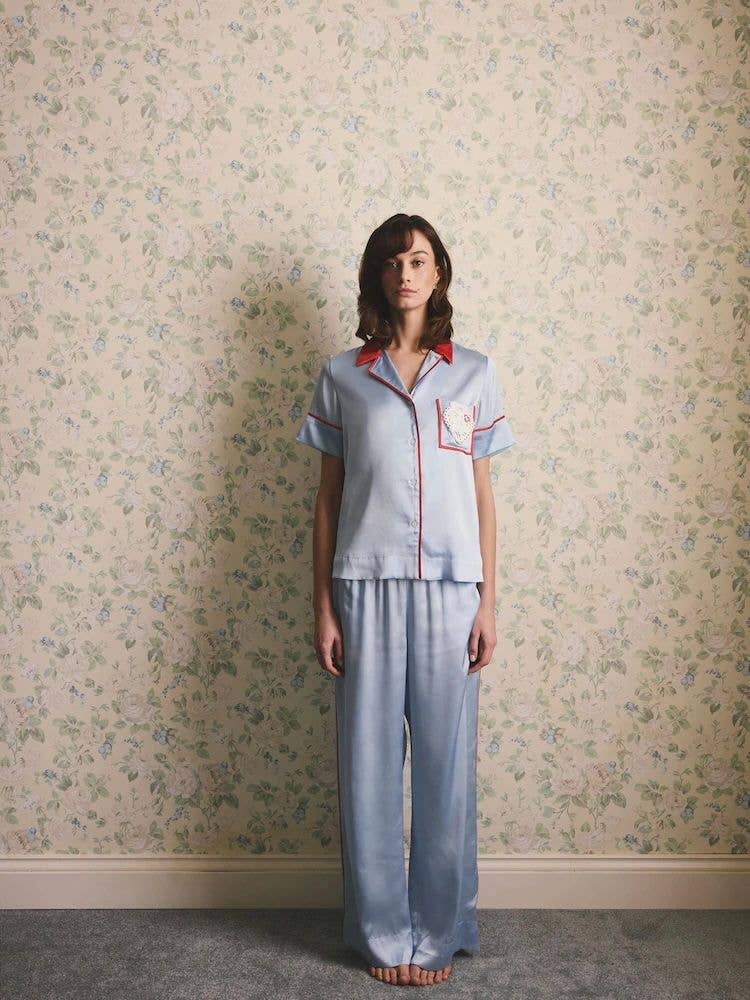Model wearing Blue Satin Button Through Pyjamas