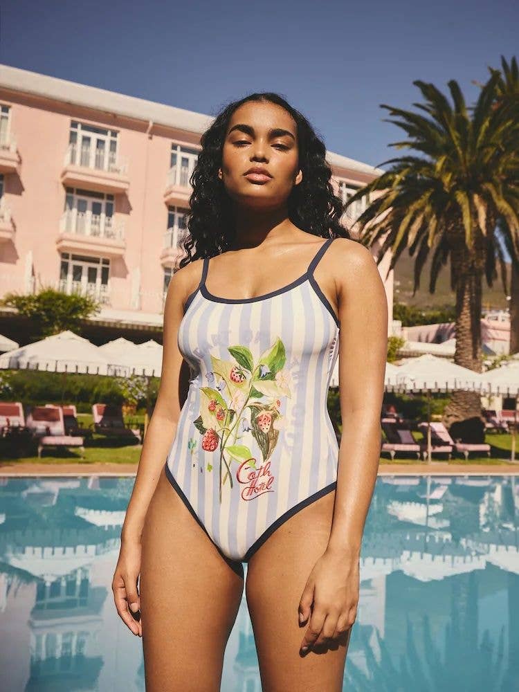 model wearing Cath Kidston Blue/White Stripe Floral Print Swimsuit