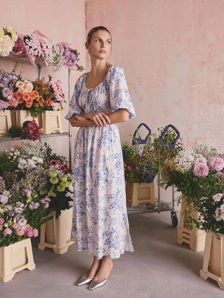 Blue Hackney Rose Floral Tie Waist Long Printed Midi Dress