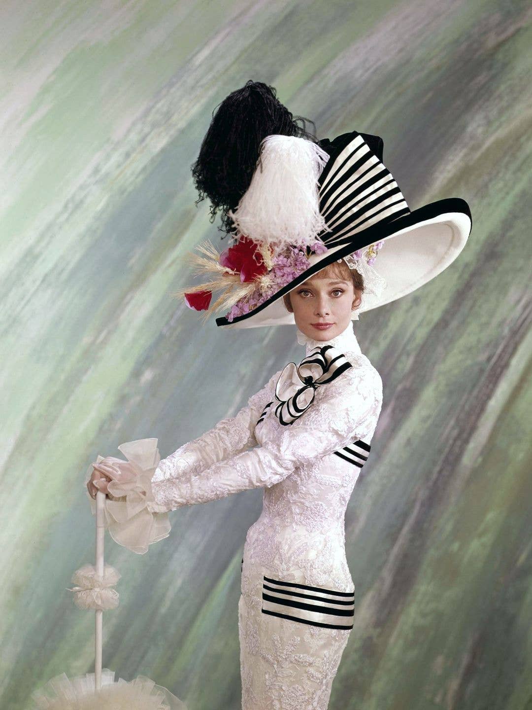 Audrey Hepburn dressed for the races in the film My Fair Lady
