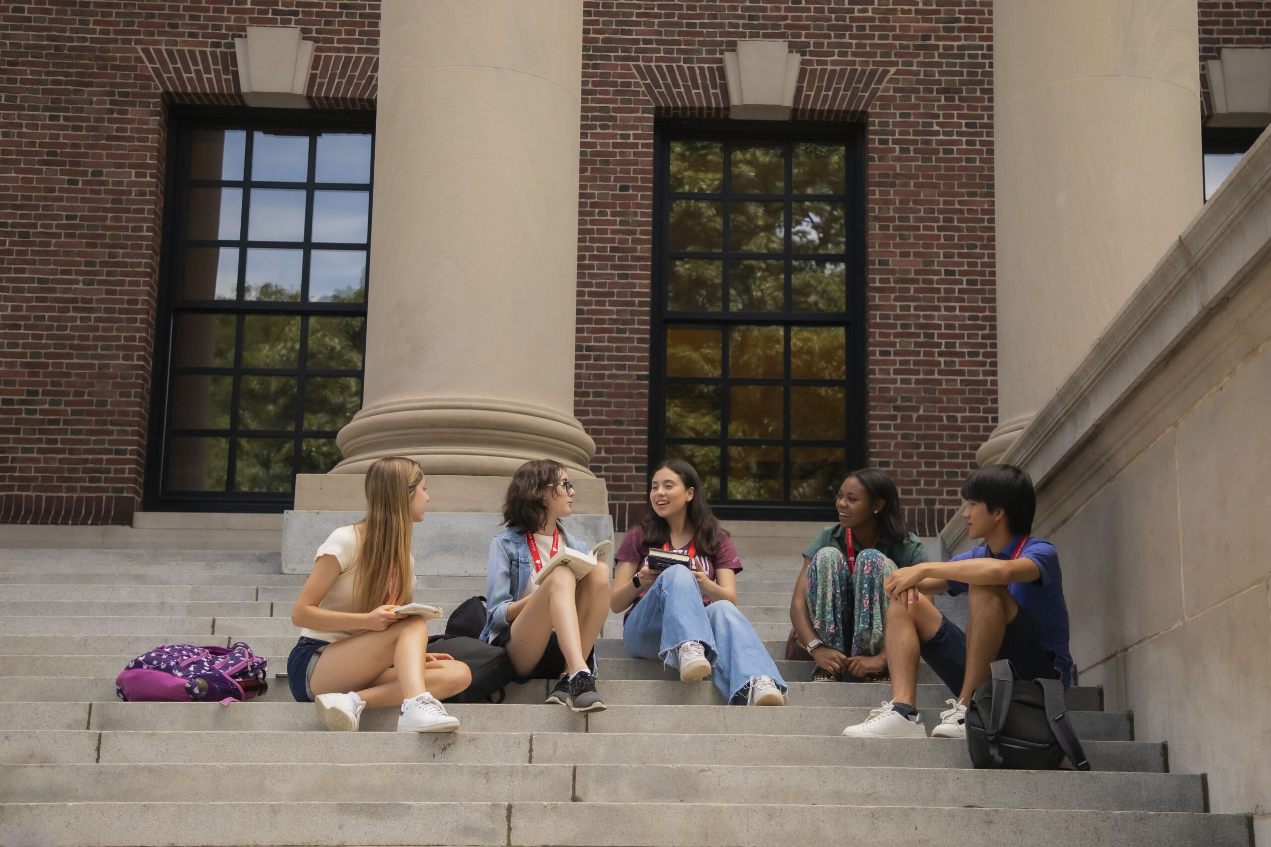 A group of Harvard Summer School students sitting on the steps of a Harvard building.